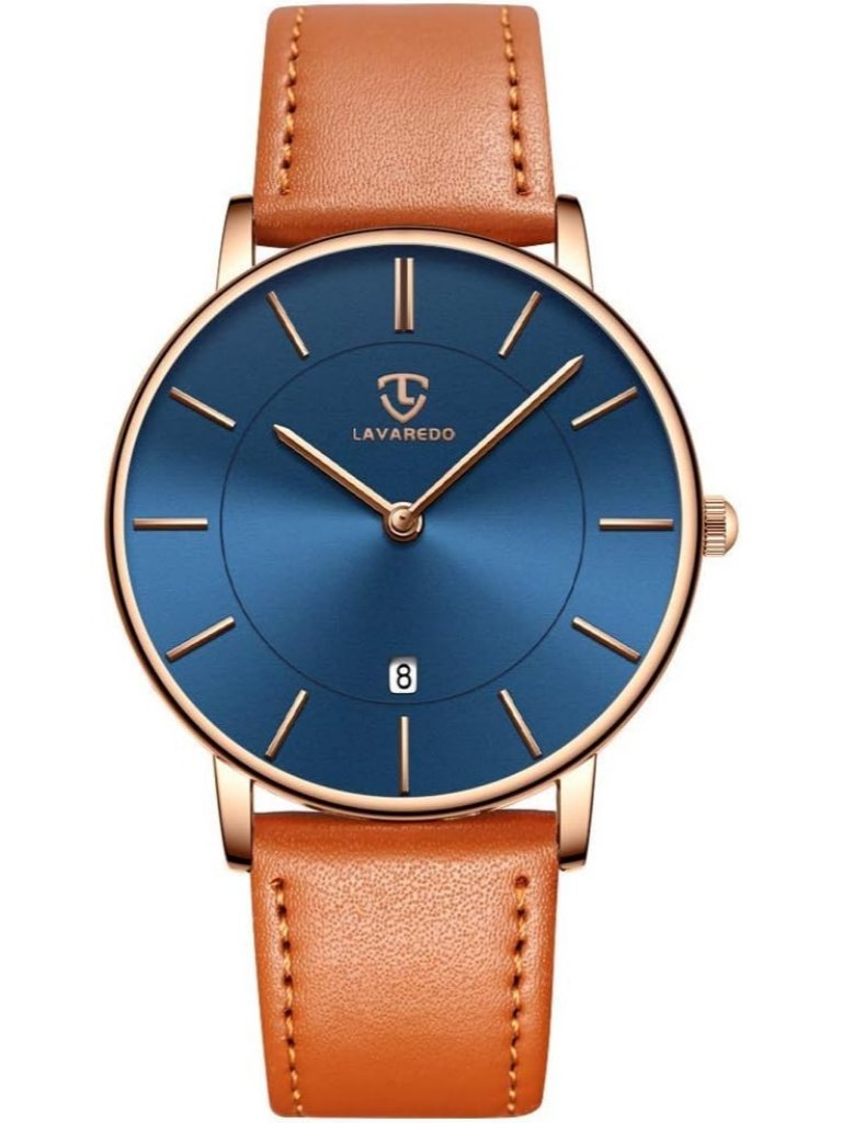 Men Blue Orange Leather Strap Analog Minimalist Fashion Simple Round Wrist Watch